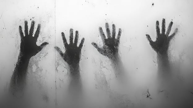 Four shadowy human hands are pressing against a frosted opaque glass surface photo