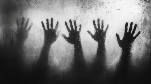 Silhouetted hands reach out behind textured glass in a black and white photograph photo