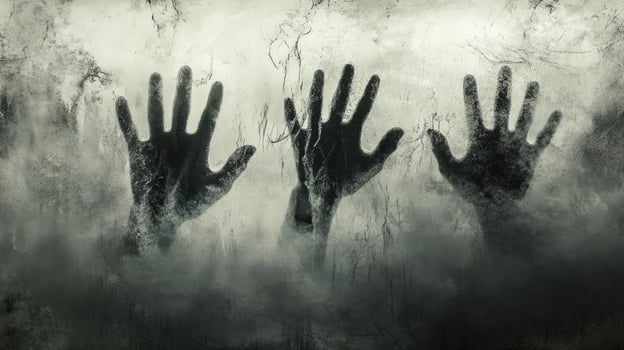 Three ghostly handprints press against a textured frosted glass surface creating an eerie atmosphere photo