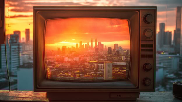 Vintage television with sunset cityscape displayed on screen captivating urban view photo