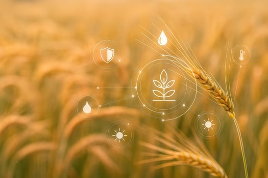 symbolic photo of golden wheat field with floating digital UI icons representing smart agriculture data driven farming moisture sunlight and environment control with warm natural light