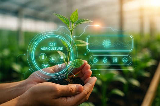 modern agriculture visual with farmer hand inspecting green plant and digital interface overlay showing data and iot analysis in natural greenhouse environment photo