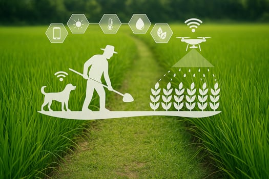 futuristic graphic of farmer and drone overlayed on lush rice field representing smart farming technology and sustainable agricultural management photo