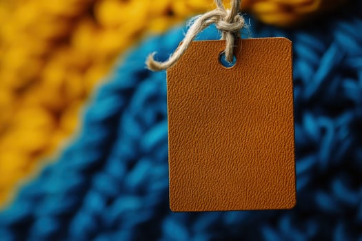 Textured brown card hangs against soft knitted blue and yellow wool backdrop photo