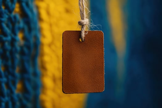Square leather tag hangs by a jute twine with a textured yellow and blue backdrop photo