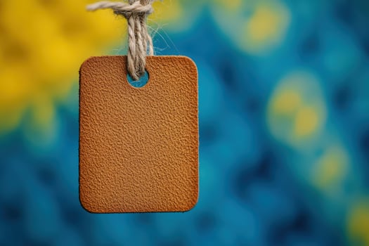 Tan square leather tag hangs by brown twine against blue bokeh background photo