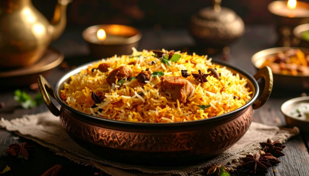 Chicken biryani in a copper pot photo