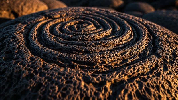 A close up of a spiral pattern on a rock photo