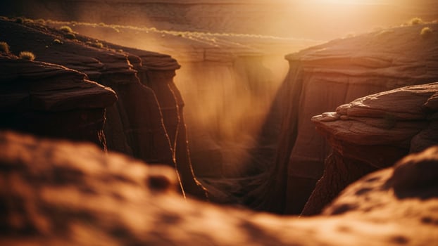 Sunlight shining through a canyon at sunset photo