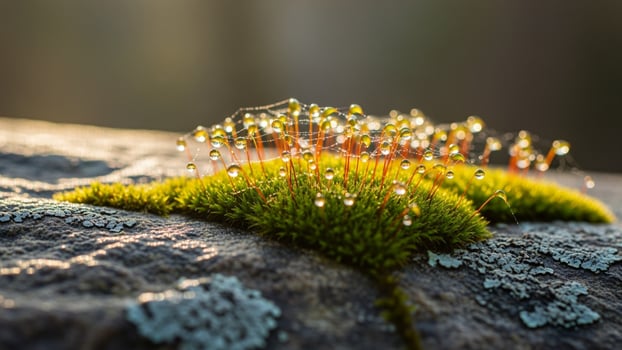 A moss covered rock with water droplets on it photo