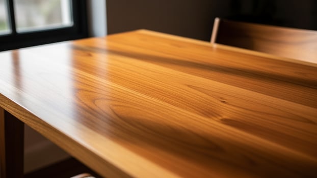 A wooden table with a chair in front of a window photo