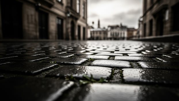 A cobblestone street in the rain with buildings in the background photo