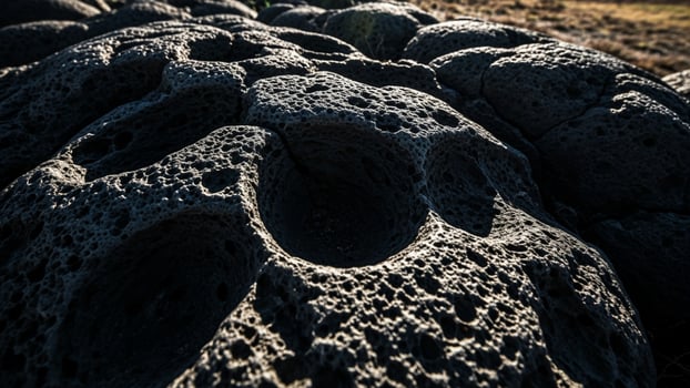 A large pile of black lava rocks in the middle of a field photo