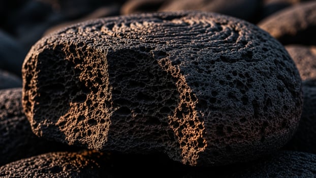 A close up of a black rock with a hole in it photo