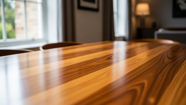 A wooden table with a lamp in the background photo