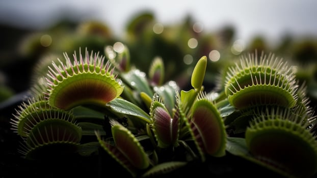 A venus flytrap plant is shown in the dark photo