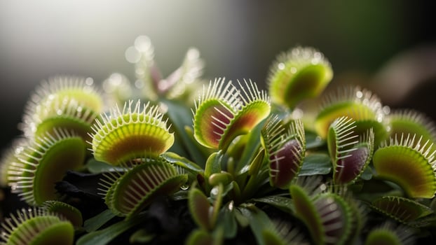 A venus flytrap plant is growing in the dark photo