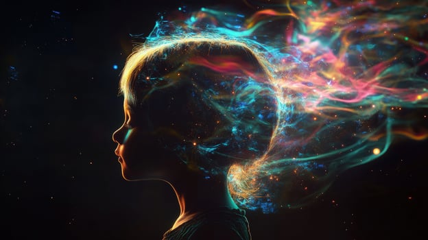 Glowing ethereal nebula flows from the mind of a light skinned young girl photo