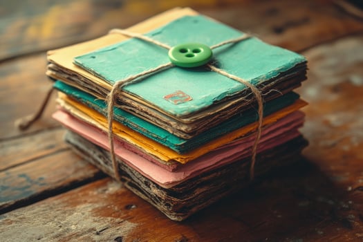 Colorful paper stack tied with twine and green button sits on distressed wood photo