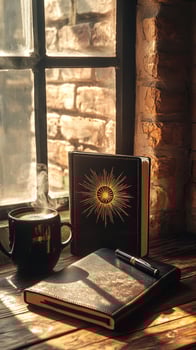 Steaming black coffee sits beside golden adorned journal and classic pen on wooden table photo