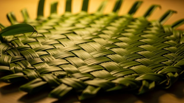 A close up of a woven basket with a leaf photo