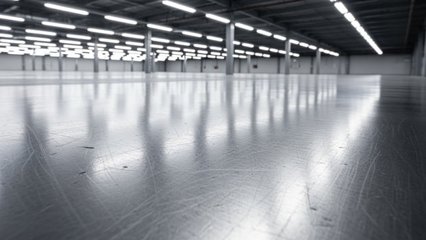 An empty warehouse with shiny metal floors photo