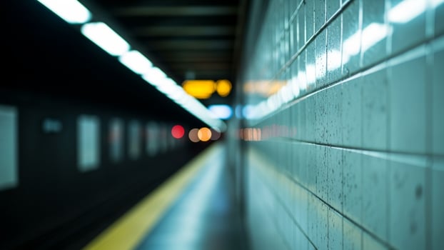 A subway train is seen in the dark with lights on photo