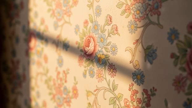 A wall with floral wallpaper and a window photo