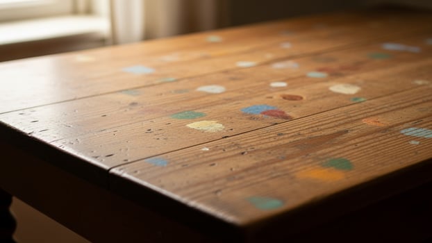 A table with colorful paint splatters on it photo