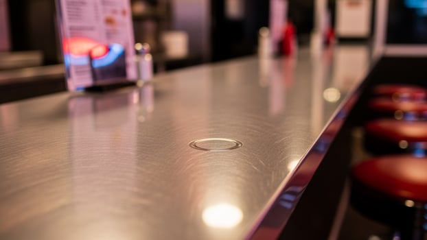 A bar counter with red stools and a red light photo
