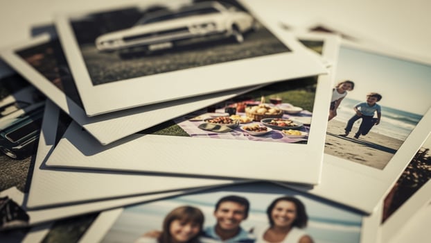 A pile of polaroids with pictures of a family photo