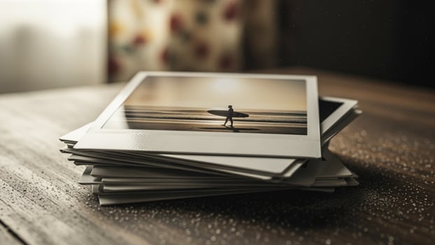 Stack of polaroids on a table photo