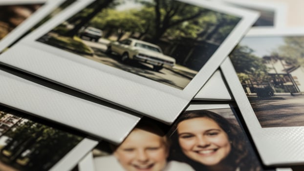 A pile of polaroids with a woman and a child photo