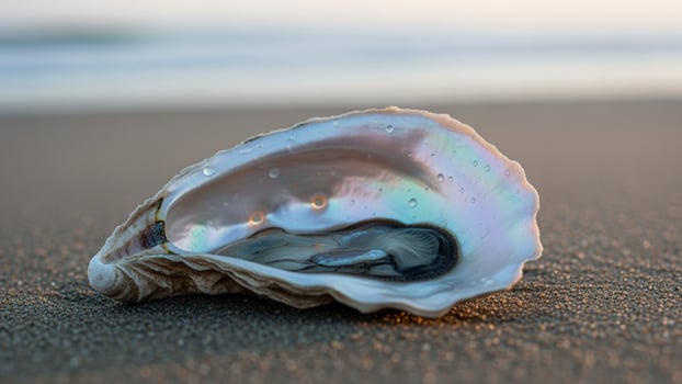 An oyster shell on the beach with the ocean in the background photo