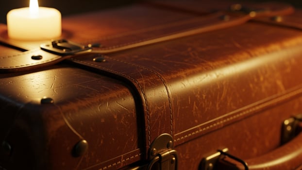 A candle is lit on top of a suitcase photo