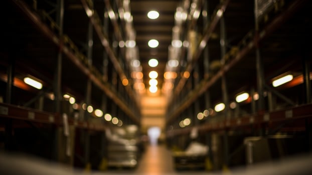 A warehouse with many rows of shelves photo