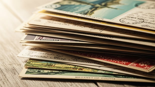 A stack of old postcards on a wooden table photo