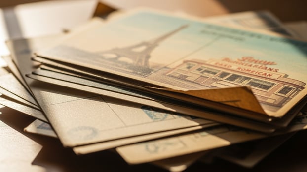 A pile of old postcards on a table photo