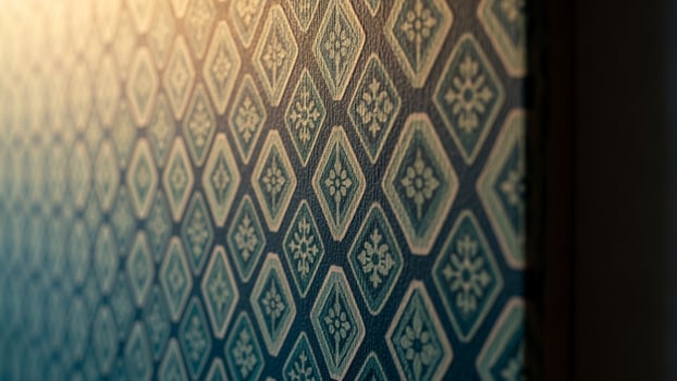 A close up of a blue and white patterned wall photo