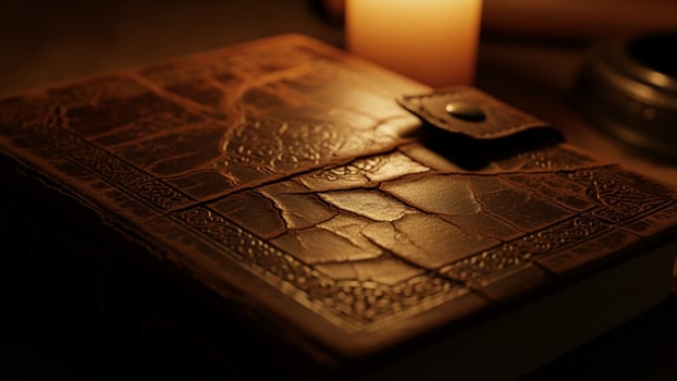 An old leather book with a candle sitting on top photo