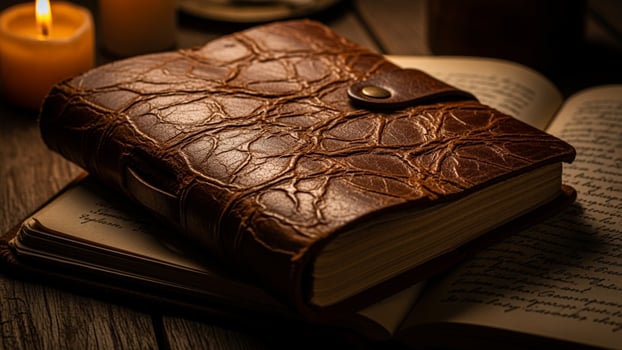 An old book with candles and a candle on a wooden table photo