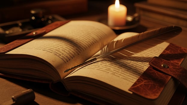 An open book with a feather pen on top of it photo