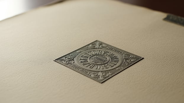A close up of a book with a stamp on it photo