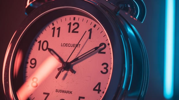 A clock is shown in front of a neon sign photo