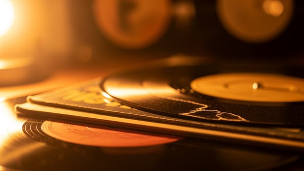 A vinyl record sitting on a table with a candle photo