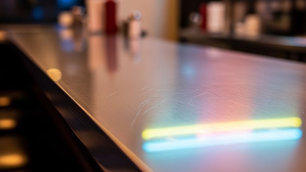 A bar counter with a neon light on it photo