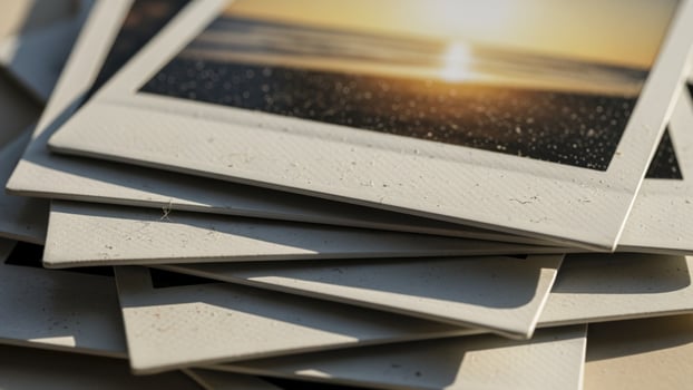 A stack of polaroids on a table photo