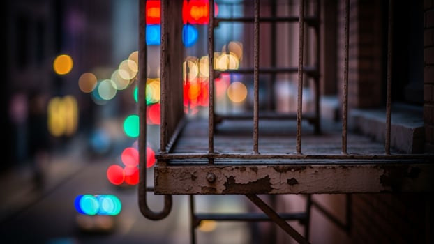A view of a city street at night with a fire escape photo