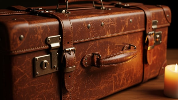 A brown suitcase with a candle sitting next to it photo