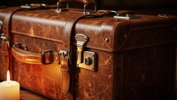 A vintage suitcase with a candle sitting on top of it photo
